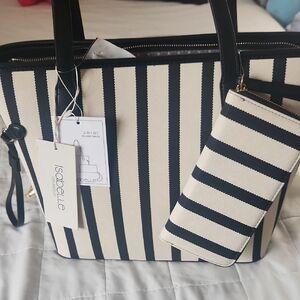 Navy and Cream Striped Tote Bag with Wristlet